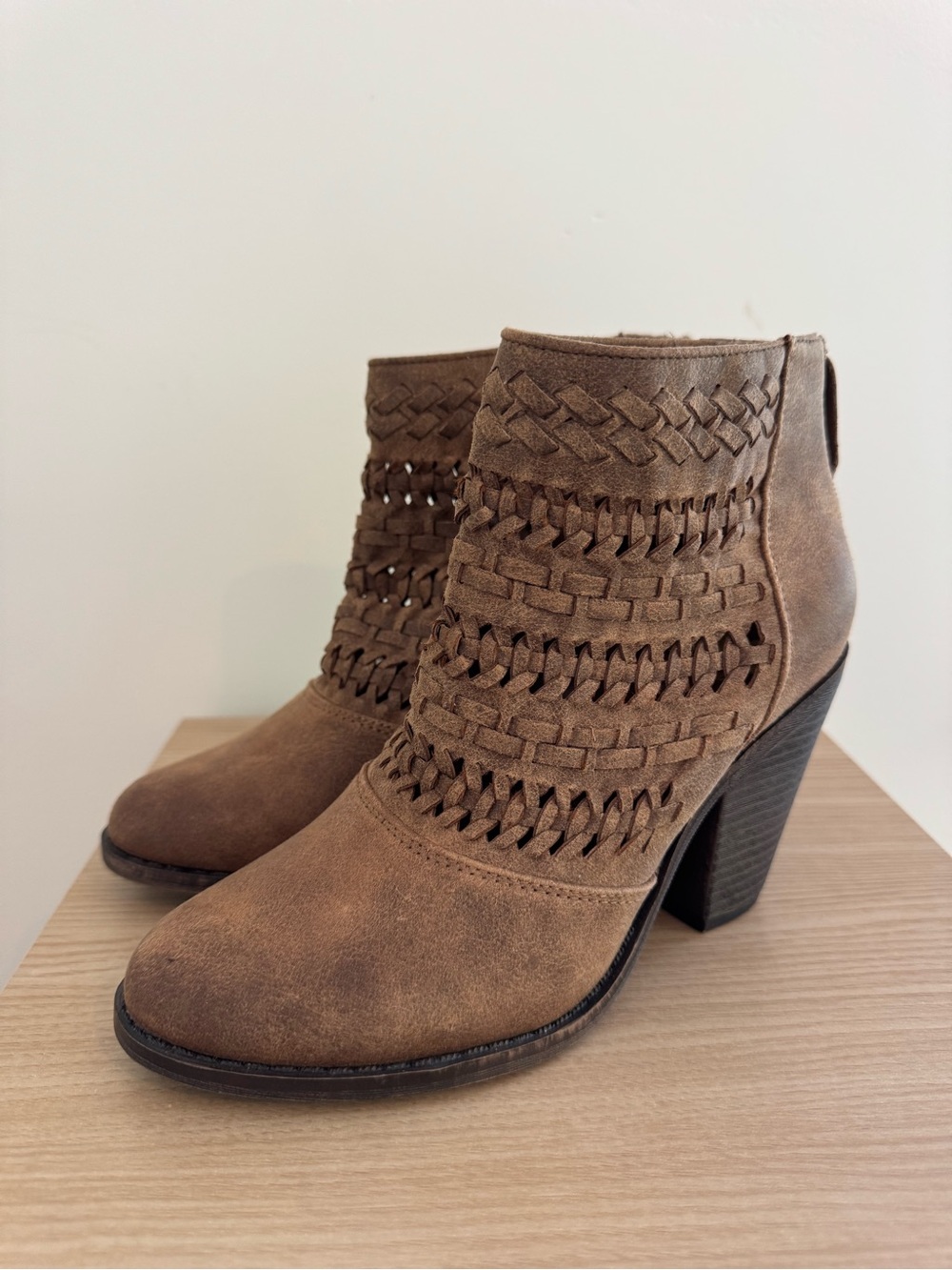 Woven Suede Ankle Booties — Brown